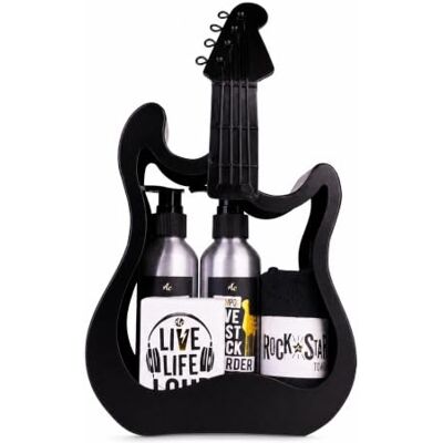 accentra ROCKSTAR presentset svart metallgitarr sandalträdoft Duschkit i rockig plåtform, schampo, rengöringsgel och liten frottéhandduk passar födelsedag, jul eller musiktema hemma accentra ROCKSTAR presentset svart metallgitarr sandalträdoft Duschkit i rockig plåtform, schampo, rengöringsgel och liten frottéhandduk passar födelsedag, jul eller musiktema hemma