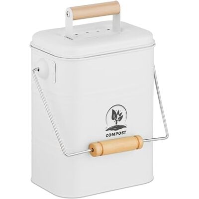 Relaxdays kök kompostfack, 3,5 liter, järn och trä, 2 kolluktfilter, lock och handtag, matavfallsbehållare, vit Relaxdays kök kompostfack, 3,5 liter, järn och trä, 2 kolluktfilter, lock och handtag, matavfallsbehållare, vit