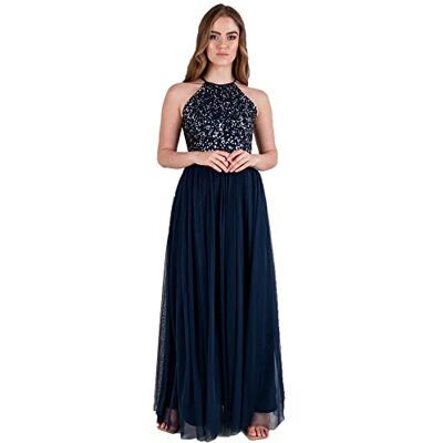 Maya Deluxe dam brudtärna maxiklänning halterneck paljett utsmyckad bal examen bröllop, Marinblått Xsp, 42 Maya Deluxe dam brudtärna maxiklänning halterneck paljett utsmyckad bal examen bröllop, Marinblått Xsp, 42