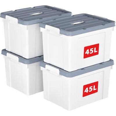 Cetomo 45 L x 4 förvaringslådor, plastförvaringslåda med lock, organiseringsbehållare med handtag och säkra spärrspännen, stapelbar, kapabel, tygkorg för hemmakontor, 45 L-4 pack, vit Cetomo 45 L x 4 förvaringslådor, plastförvaringslåda med lock, organiseringsbehållare med handtag och säkra spärrspännen, stapelbar, kapabel, tygkorg för hemmakontor, 45 L-4 pack, vit