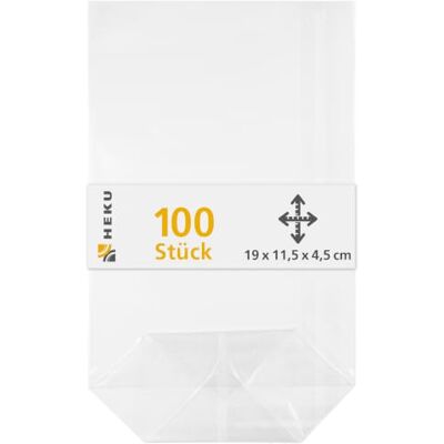 Heku förpackning med 100 transparent bottenpåse 190 x 115 x 45 mm I stabilt korsbotten I slitstarkt polypropen material I perfekt för godis och hembakade kakor Heku förpackning med 100 transparent bottenpåse 190 x 115 x 45 mm I stabilt korsbotten I slitstarkt polypropen material I perfekt för godis och hembakade kakor