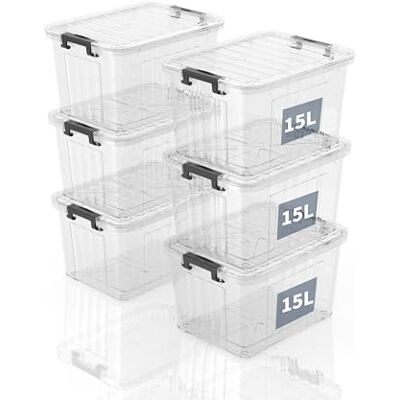 SpaceXpert Förvaringslådor med lock, förvaringslåda, plast – förvaringslösningar för hem, kontor och skola, förvaringslådor, kan förvaras i lådan och staplas, vit, 15 l (set med 6 st) SpaceXpert Förvaringslådor med lock, förvaringslåda, plast – förvaringslösningar för hem, kontor och skola, förvaringslådor, kan förvaras i lådan och staplas, vit, 15 l (set med 6 st)