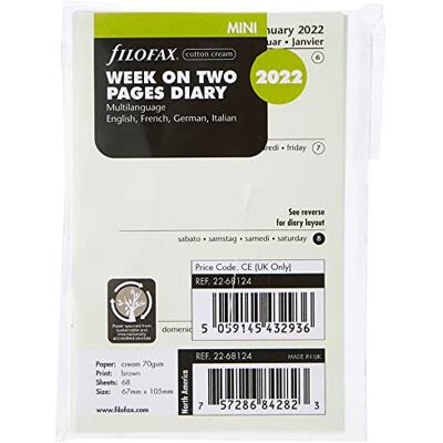 Filofax Minivecka på två sidor 4 språk bomullskräm 2022 dagbok 2-68124 Filofax Minivecka på två sidor 4 språk bomullskräm 2022 dagbok 2-68124