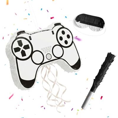 Relaxdays Pinata Gamer, stav & mask, partypinata barn, födelsedag, för fyllning, kontroll, HBT: 32 x 42 x 8 cm, vit Relaxdays Pinata Gamer, stav & mask, partypinata barn, födelsedag, för fyllning, kontroll, HBT: 32 x 42 x 8 cm, vit