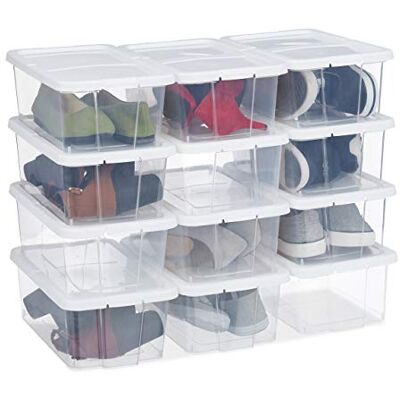 Relaxdays Skolådor i plast, set om 12, stapelbara, genomskinliga förvaringslådor med lock, 12,5 x 20 x 34,5 cm, vit Relaxdays Skolådor i plast, set om 12, stapelbara, genomskinliga förvaringslådor med lock, 12,5 x 20 x 34,5 cm, vit