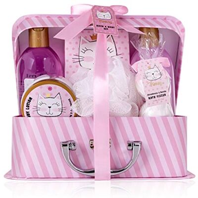 accentra Princess Kitty presentset för tjejer och kvinnor 7-delat duschset med bubbelbad, badbomber, duschtvål, bodylotion med mera vårdset med jordgubbs- och vaniljdoft i söt pappersfodral accentra Princess Kitty presentset för tjejer och kvinnor 7-delat duschset med bubbelbad, badbomber, duschtvål, bodylotion med mera vårdset med jordgubbs- och vaniljdoft i söt pappersfodral