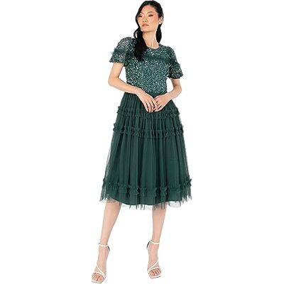 Maya Deluxe dam midi dam paljett Embellished kortärmad ruffle för bröllop gäst bridesmaid tillfälle kväll boll klänning, Smaragdgrön, 38 Maya Deluxe dam midi dam paljett Embellished kortärmad ruffle för bröllop gäst bridesmaid tillfälle kväll boll klänning, Smaragdgrön, 38