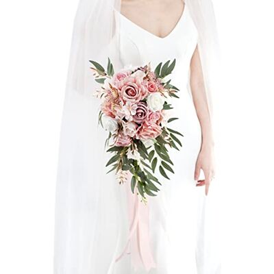 Ansofi 23 cm dammig ros bröllopsbuketter för brud, kaskad brudbukett för brud konstgjorda silkesrosor blommor kastande bukett för bröllopsceremoni dekor Ansofi 23 cm dammig ros bröllopsbuketter för brud, kaskad brudbukett för brud konstgjorda silkesrosor blommor kastande bukett för bröllopsceremoni dekor