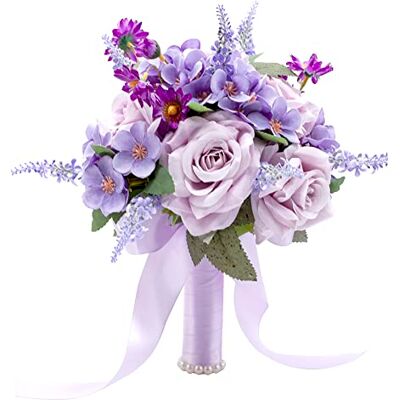 Floinla lavendel lila bröllopsbuketter för brud brudtärna konstgjorda rosor blommor lila brudbukett för rustik fransk vintage formell bröllopskyrka heminredning Floinla lavendel lila bröllopsbuketter för brud brudtärna konstgjorda rosor blommor lila brudbukett för rustik fransk vintage formell bröllopskyrka heminredning