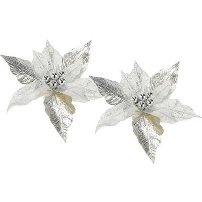 Flair Flower Flair Blomma, julstjärna, julmotiv, set om 2, 28 cm, julstjärna, konstgjord miny, konstgjord blomma, julblomma för adventskrans, kransar, adventsdekoration, julgran, blombukett, silver Flair Flower Flair Blomma, julstjärna, julmotiv, set om 2, 28 cm, julstjärna, konstgjord miny, konstgjord blomma, julblomma för adventskrans, kransar, adventsdekoration, julgran, blombukett, silver