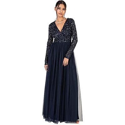 Maya Deluxe Damen, maxiklänning för damer, med långa ärmar, v-ringning, doppande paljett, utsmyckad för bröllop, gäst, brudtärna, bal, Kleid, Marinblått Xsp, 42 Maya Deluxe Damen, maxiklänning för damer, med långa ärmar, v-ringning, doppande paljett, utsmyckad för bröllop, gäst, brudtärna, bal, Kleid, Marinblått Xsp, 42