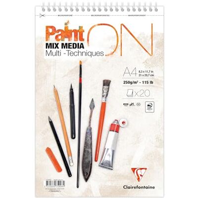 Clairefontaine 975998C Bloc Spiralé Micro-Perforé PaintON Multi-techniques A4 21x29,7 cm 250g 20 Feuilles Papier Dessin Multi-techniques au Grain Très Léger Blanc Clairefontaine 975998C Bloc Spiralé Micro-Perforé PaintON Multi-techniques A4 21x29,7 cm 250g 20 Feuilles Papier Dessin Multi-techniques au Grain Très Léger Blanc
