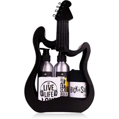 accentra ROCKSTAR presentset svart metallgitarr sandalträdoft Duschkit i rockig plåtform, schampo, rengöringsgel och liten frottéhandduk passar födelsedag, jul eller musiktema hemma accentra ROCKSTAR presentset svart metallgitarr sandalträdoft Duschkit i rockig plåtform, schampo, rengöringsgel och liten frottéhandduk passar födelsedag, jul eller musiktema hemma