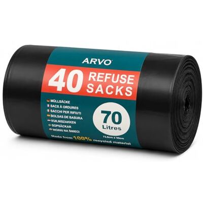 ARVO 70 L sopsäckar, 40 platt botten avfallspåsar på en rulle, 73 x 84 cm sopsäckar, 100% återvunna LDPE-soppåsar för kök, kontor och hushåll ARVO 70 L sopsäckar, 40 platt botten avfallspåsar på en rulle, 73 x 84 cm sopsäckar, 100% återvunna LDPE-soppåsar för kök, kontor och hushåll