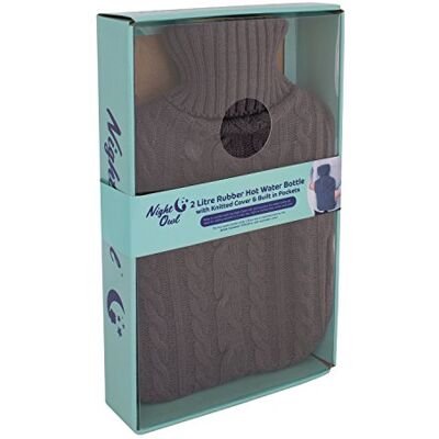 BENROSS Nattuggla gummi stickat fodral med inbyggda fickor och presentask varmvattenflaska, grå, 2 liter BENROSS Nattuggla gummi stickat fodral med inbyggda fickor och presentask varmvattenflaska, grå, 2 liter