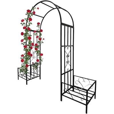 Relaxdays Rosenbåge metall, med planteringslådor, bågträdgård, HBT 206 x 216 x 50 cm, spaljé för klätterväxter, svart Relaxdays Rosenbåge metall, med planteringslådor, bågträdgård, HBT 206 x 216 x 50 cm, spaljé för klätterväxter, svart