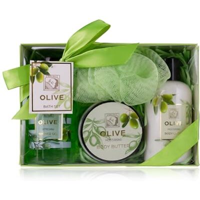 accentra duschset kvinnor presentset OLIVE i en vacker presentförpackning 4-delat vårdset med duschgel, bodylotion, body butter och nätsvamp wellness presentset för en födelsedag accentra duschset kvinnor presentset OLIVE i en vacker presentförpackning 4-delat vårdset med duschgel, bodylotion, body butter och nätsvamp wellness presentset för en födelsedag