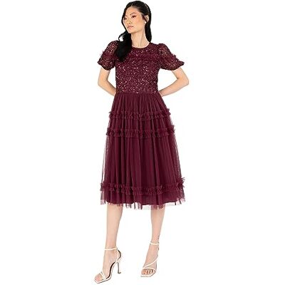 Maya Deluxe dam midi klänning dam paljett Embellished kortärmad kille för bröllop gäst bridesmaid tillfälle kväll boll klänning, vin, 48 Maya Deluxe dam midi klänning dam paljett Embellished kortärmad kille för bröllop gäst bridesmaid tillfälle kväll boll klänning, vin, 48