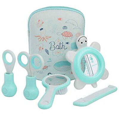 Bebeconfort Baby babytoalettväska, baby hårborste, baby kam med spegel, baby nagelklippare, baby sax och baby badtermometer, 0 m+, vatten World Bebeconfort Baby babytoalettväska, baby hårborste, baby kam med spegel, baby nagelklippare, baby sax och baby badtermometer, 0 m+, vatten World