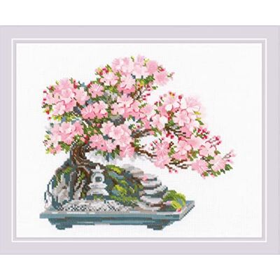 Riolis korsstygnsset blommande bonsai, räkmönster, 30 x 24 cm Riolis korsstygnsset blommande bonsai, räkmönster, 30 x 24 cm
