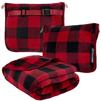 PAVILIA Resefilt och kudde Varm mjuk fleece 2-i-1 kombinationsfilt för flygplan, camping, bilresor Stort kompakt filtset med bagagerem och ryggsäcksklämma, 60 x 43 (rutig röd) PAVILIA Resefilt och kudde Varm mjuk fleece 2-i-1 kombinationsfilt för flygplan, camping, bilresor Stort kompakt filtset med bagagerem och ryggsäcksklämma, 60 x 43 (rutig röd)