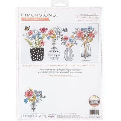 Dimensions Dimensioner räknat korsstygnssats vildblomsvaser 40,6 cm x 20,3 cm Dimensions Dimensioner räknat korsstygnssats vildblomsvaser 40,6 cm x 20,3 cm
