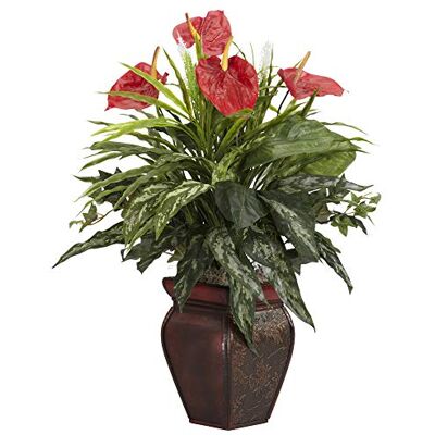 Nearly Natural Nästan naturlig 6678 blandade gröna och Anthurium med vas dekorativ sidenväxt, grön Nearly Natural Nästan naturlig 6678 blandade gröna och Anthurium med vas dekorativ sidenväxt, grön