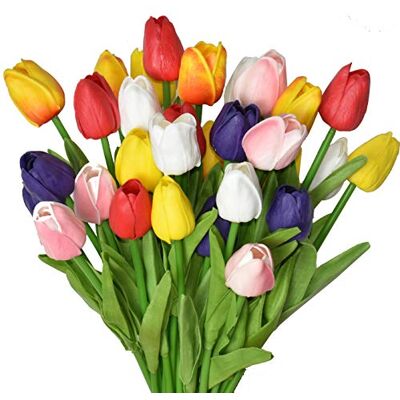 WISTART 24 st flerfärgade konstgjorda tulpaner blommor falska falska PU tulpanbukett äkta touch blomsterarrangemang för hem rum kontor fest bröllopsdekoration utmärkt presentidé för mors dag WISTART 24 st flerfärgade konstgjorda tulpaner blommor falska falska PU tulpanbukett äkta touch blomsterarrangemang för hem rum kontor fest bröllopsdekoration utmärkt presentidé för mors dag