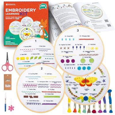 Azenera Broderi inlärningskit för nybörjare – lära dig olika stygn, enkla mönster med videoinstruktioner Inkluderar trådar, bambuling, 4 tygdesigner, verktyg () (AZD200) Azenera Broderi inlärningskit för nybörjare – lära dig olika stygn, enkla mönster med videoinstruktioner Inkluderar trådar, bambuling, 4 tygdesigner, verktyg () (AZD200)