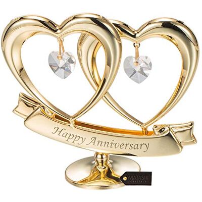 Matashi 24K Gold Plated Double Heart with Happy Anniversary Banner with Clear-Cut Crystals Matashi 24K Gold Plated Double Heart with Happy Anniversary Banner with Clear-Cut Crystals