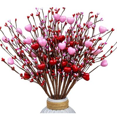 AXYLEX Alla hjärtans dag dekorationer blommor plektrum stjälkar – 8 st, 40 cm konstgjorda röda bär hjärtformade grenar present till bröllop hem vas dekor AXYLEX Alla hjärtans dag dekorationer blommor plektrum stjälkar – 8 st, 40 cm konstgjorda röda bär hjärtformade grenar present till bröllop hem vas dekor