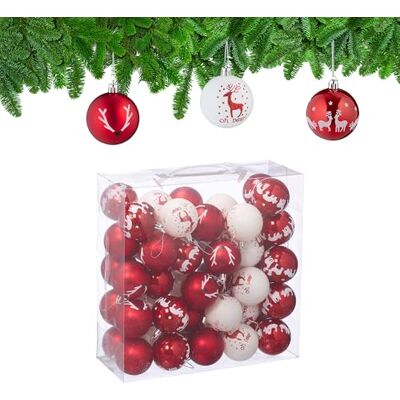 Relaxdays Set med 50 st julkulor med rentema, plast, diameter på varje : 6 cm, röd och vit Relaxdays Set med 50 st julkulor med rentema, plast, diameter på varje : 6 cm, röd och vit