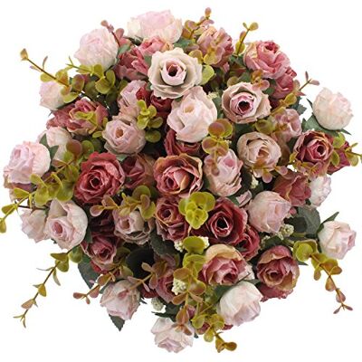 Duovlo 7 gren 21 huvuden konstgjorda blommor bukett mini ros bröllop hem kontor dekor, paket med 4 (rosa) Duovlo 7 gren 21 huvuden konstgjorda blommor bukett mini ros bröllop hem kontor dekor, paket med 4 (rosa)