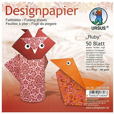 Ursus 22805599 – Ruby designpapper, 50 ark i 10 olika motiv, ca 15 x 15 cm, 100 g/kvm, tryckt på båda sidor, perfekt för att vika kreativa origamidjur Ursus 22805599 – Ruby designpapper, 50 ark i 10 olika motiv, ca 15 x 15 cm, 100 g/kvm, tryckt på båda sidor, perfekt för att vika kreativa origamidjur