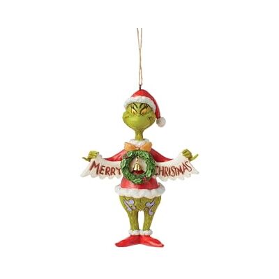 Enesco Dr. Seuss The Grinchen av Jim Shore håller god jul banderoll hängande prydnad, 14 cm, flerfärgad Enesco Dr. Seuss The Grinchen av Jim Shore håller god jul banderoll hängande prydnad, 14 cm, flerfärgad