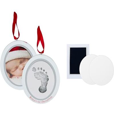 Pearhead Babytryck Newborn baby handtryck eller fotavtryck dubbel fotoprydnad med ren touch bläckdyna, babys första jul, 13,34 x 10,16 cm, vit Pearhead Babytryck Newborn baby handtryck eller fotavtryck dubbel fotoprydnad med ren touch bläckdyna, babys första jul, 13,34 x 10,16 cm, vit