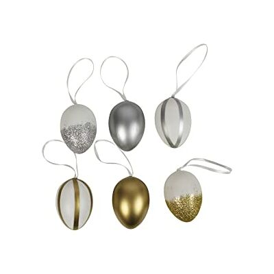 HEITMANN DECO Påskägg: 6 dekorativa ägg för upphängning av plast, okrossbar, färg vit, guld, silver, med glitter, ca 6 cm HEITMANN DECO Påskägg: 6 dekorativa ägg för upphängning av plast, okrossbar, färg vit, guld, silver, med glitter, ca 6 cm