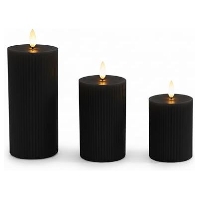 Relaxdays LED-ljus 3-delat set med flimrande låga, äkta vax, räfflad, flamlös, 18 x 7,5 x 7,5 cm, svart Relaxdays LED-ljus 3-delat set med flimrande låga, äkta vax, räfflad, flamlös, 18 x 7,5 x 7,5 cm, svart