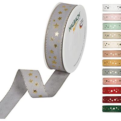 Grå satinsnöre med stjärnor - Gåvoband i polyester Grå satinsnöre med stjärnor - Gåvoband i polyester