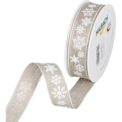 Halbach Seidenbänder Presentband, jul, linne, 25 mm x 15 m, natur, för att packa gåvor, band, snöstjärnor med trådkanter, 955, linne/vit Halbach Seidenbänder Presentband, jul, linne, 25 mm x 15 m, natur, för att packa gåvor, band, snöstjärnor med trådkanter, 955, linne/vit