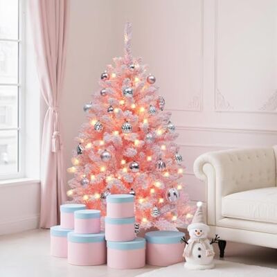 YITAHOME 1,37 m belyst, rosa flockad julgran, upplyst, rosa gran med 400 flockade PVC-spetsar och 200 varma vita lampor för dekoration hemma YITAHOME 1,37 m belyst, rosa flockad julgran, upplyst, rosa gran med 400 flockade PVC-spetsar och 200 varma vita lampor för dekoration hemma