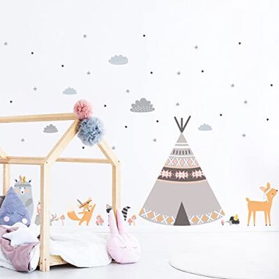 Ambiance Sticker Väggklistermärken för barn – väggdekoration för barnrum – väggklistermärke för barn – skandinaviska djur och indiska tipier, H60 x L90 cm Ambiance Sticker Väggklistermärken för barn – väggdekoration för barnrum – väggklistermärke för barn – skandinaviska djur och indiska tipier, H60 x L90 cm