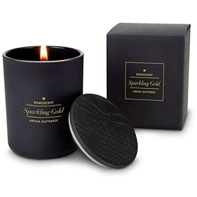 Römer Wellness Presentartiklar: ROMOSCENT Värmeljus, Aromljus Gnistrande Guld i Ädelt, Svart Glas med Trälock, Doftljus för Inomhus och Utomhus, Mått: ca 6 x 6 x 8 cm Römer Wellness Presentartiklar: ROMOSCENT Värmeljus, Aromljus Gnistrande Guld i Ädelt, Svart Glas med Trälock, Doftljus för Inomhus och Utomhus, Mått: ca 6 x 6 x 8 cm