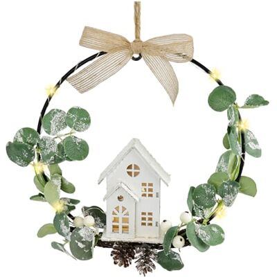 Flair Flower Dekorerad metallring 22 cm med LED-hus, eukalyptus, LED-kottar, dekorativ ring för hängande krans, dekorativ krans, dörrdekoration, väggdekoration, adventsdekoration, juldekoration, kransar, dörrkrans Flair Flower Dekorerad metallring 22 cm med LED-hus, eukalyptus, LED-kottar, dekorativ ring för hängande krans, dekorativ krans, dörrdekoration, väggdekoration, adventsdekoration, juldekoration, kransar, dörrkrans