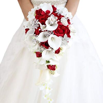 YIFUwedding IFFO 28 cm brudbuketter för bröllop, kallaliljor simulering ros diamanter pärla brud bröllopsbukett, bröllopsfest dekoration bekännelse (röd YIFUwedding IFFO 28 cm brudbuketter för bröllop, kallaliljor simulering ros diamanter pärla brud bröllopsbukett, bröllopsfest dekoration bekännelse (röd