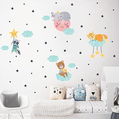 Ambiance Sticker Väggdekaler för barn – väggdekoration för barnrum – väggklistermärke för djur och magiska moln – H60 x B 90 cm Ambiance Sticker Väggdekaler för barn – väggdekoration för barnrum – väggklistermärke för djur och magiska moln – H60 x B 90 cm