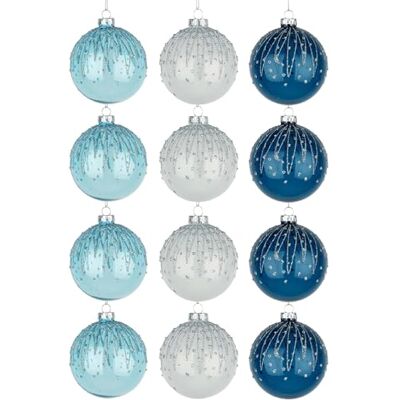 SHATCHI 12 st/80 mm glasgranskulor julgran bollar sfärer hängande ornament set blandade mönster julgransdekorationer, blå, vit SHATCHI 12 st/80 mm glasgranskulor julgran bollar sfärer hängande ornament set blandade mönster julgransdekorationer, blå, vit