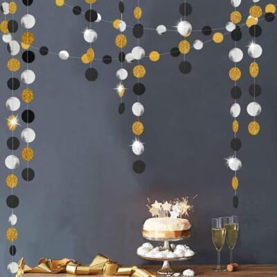 Decor365 Guld rygg cirkel prickar girlang streamers festdekorationer glitter svart hängande flaggväv banderoll bakgrund dekoration födelsedag/bröllop/nyår/förtäring Decor365 Guld rygg cirkel prickar girlang streamers festdekorationer glitter svart hängande flaggväv banderoll bakgrund dekoration födelsedag/bröllop/nyår/förtäring