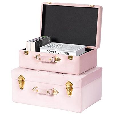 Vintiquewise Dekorativ tuftad sammet resväska skattkista set om 2, rosa Vintiquewise Dekorativ tuftad sammet resväska skattkista set om 2, rosa