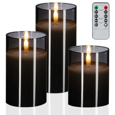 Relaxdays LED-ljus i glas, uppsättning av 3, fjärrkontroll, timer och flimrande låga, äkta vax, vindlampor flamlösa, grå Relaxdays LED-ljus i glas, uppsättning av 3, fjärrkontroll, timer och flimrande låga, äkta vax, vindlampor flamlösa, grå